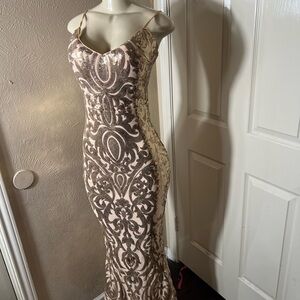Beige and Gold Sequin Maxi Dress with Spaghetti Straps